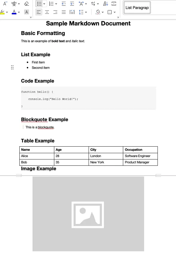 Markdown source code converted to Microsoft Word document showing perfect table formatting